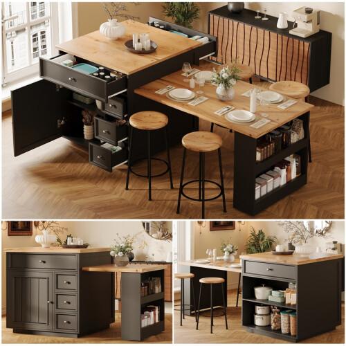 (Black, MDF) Wood-Look Extendable Counter Island, Black