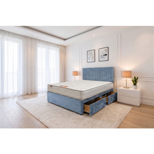 (Single, Sky Blue) Emily Plush Bed Set With Mattress, 2 Drawers Same Side & 24"Headboard