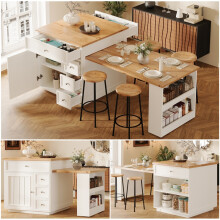 (White, MDF) Extendable Kitchen Island 120-184cm w/ Drawers