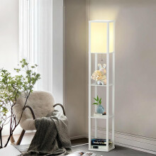 Wooden Floor Lamp with 3-tier Shelves Standing Light Bedroom Living Room White