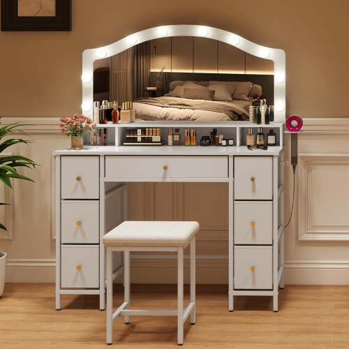 Dressing Table with Stool Set 10 LED Bulbs  Vanity Desk 7 Drawers Storage White