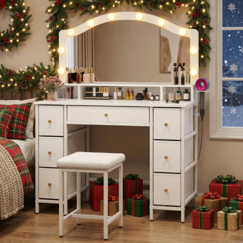 Dressing Table with Stool Set 10 LED Bulbs  Vanity Desk 7 Drawers Storage White