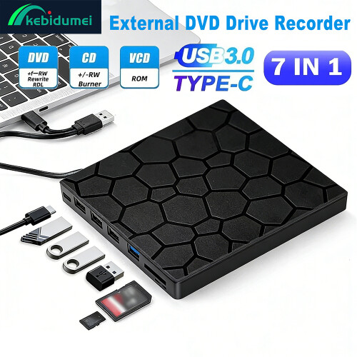 Kebidumei 7 in 1 External DVD Player CD/DVD Drive Recorder USB3.0 Type C CD Burner External Disk Drive for Desktop Mac Win Linux