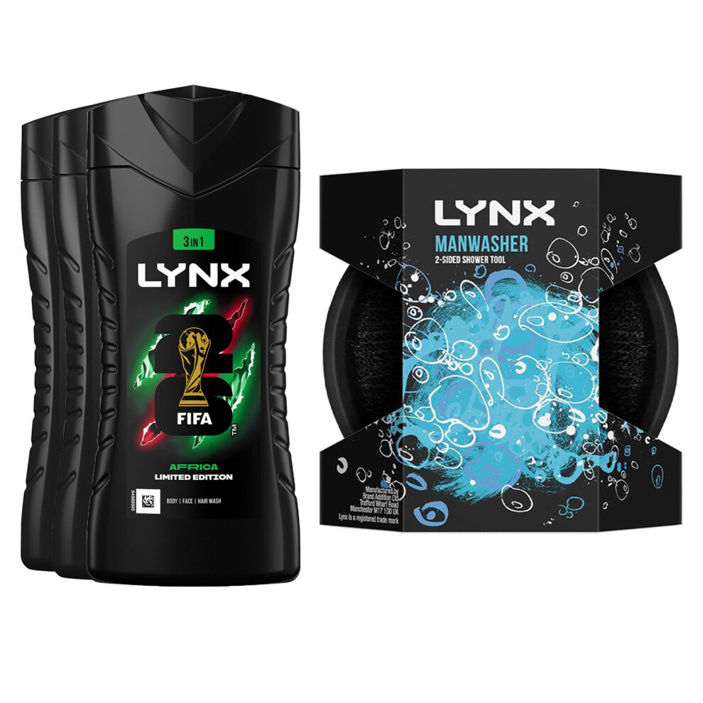Lynx Africa Shower Gel 3-Pack Body Wash 225Ml + Manwasher Shower Tool