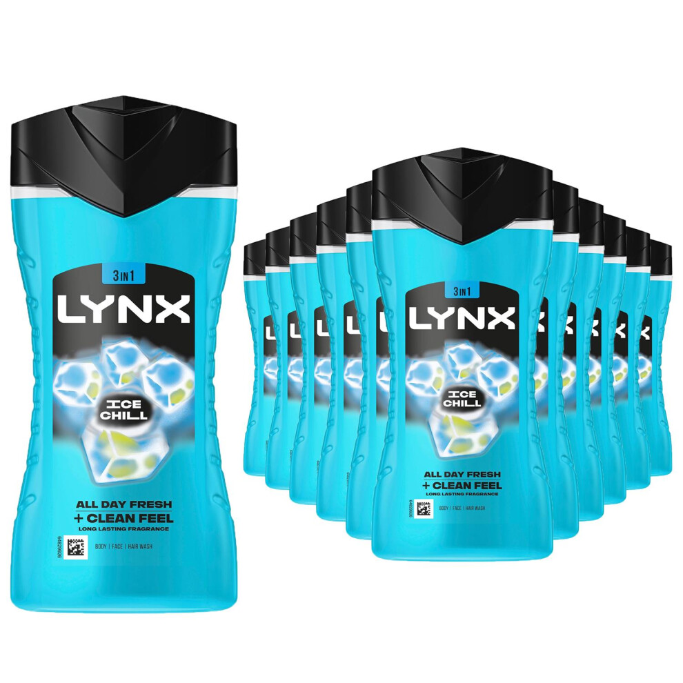 Lynx Ice Chill Shower Gel 3-In-1 Body Wash 225Ml, 24 Pack, 12H Iced Mint & Lemon