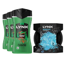 Lynx Jungle Fresh 3-Pack Body Wash 225ml + Manwasher Shower Tool