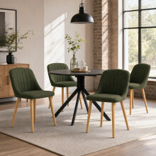 (Black Wood Table & 4 Green Chairs) Round Dining Table and Chairs Set, Wooden Table with 4 Dining Chairs for Home, Kitchen