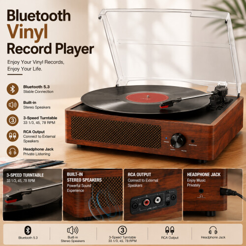 Bluetooth Vinyl Record Player,3-Speed Turntable with Stereo Speakers Bluetooth