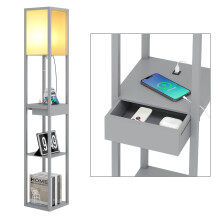 Wood Floor Lamp Modern Standing Light with Shelves USB Charging Port Drawer Bulb