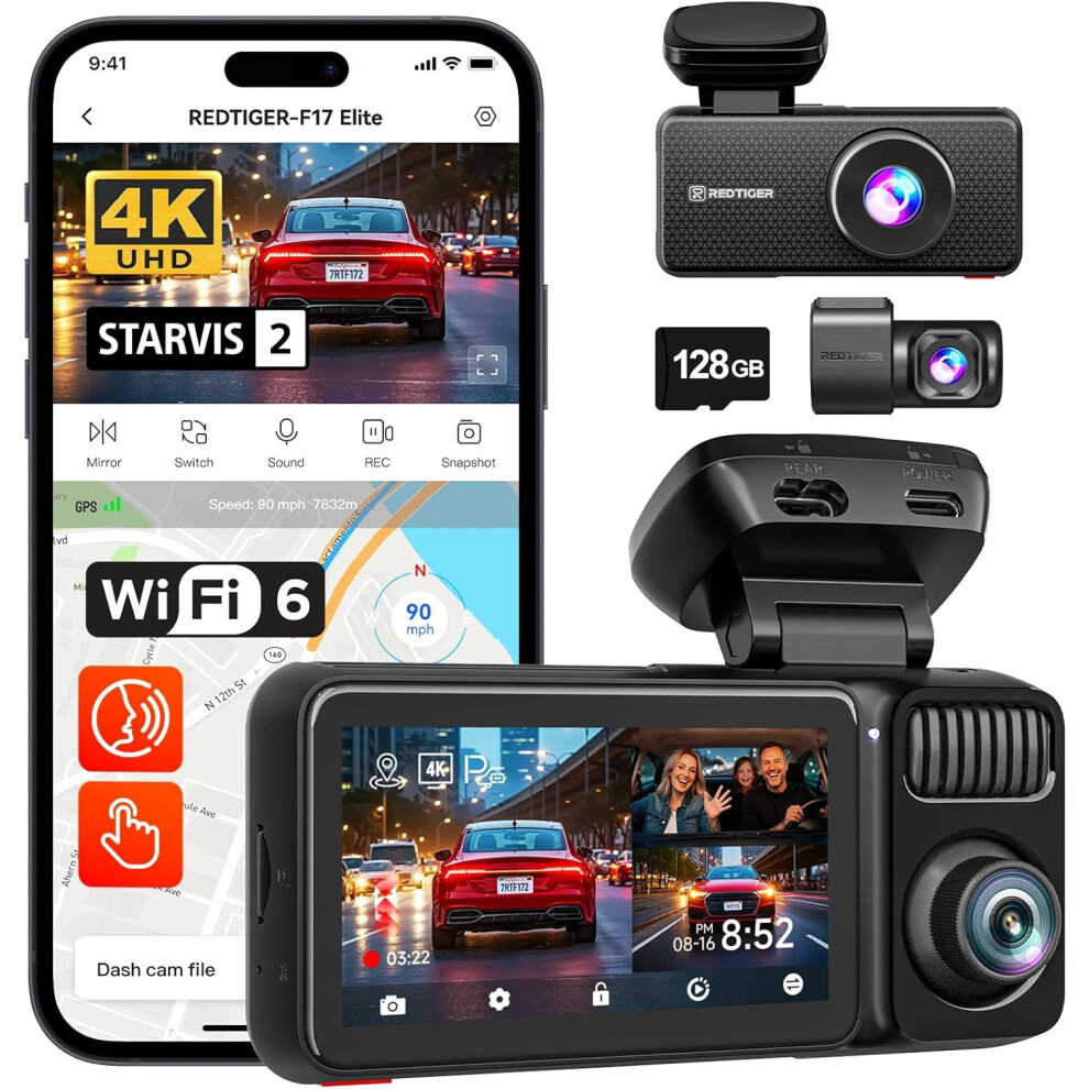 Photos - Other Photo Accessory Red Tiger REDTIGER F17Elite 3CH 4K WiFi Dash Cam Front Rear Inside Full Color Night Vision 
