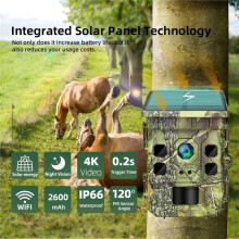 Solar Game Camera 4K with WiFi , Waterproof Trail Camera with Night Vision,Solar Panel for Wildlife Monitoring