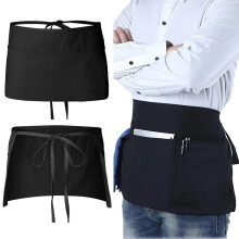 Black Half Size Apron With 3 Pockets Bar Waiter Waitress Café Pub Restaurant