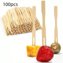 9cm Mini Food Fruit Picks Forks Two Prongs BBQ Bamboo Fruit SKEWERS 50