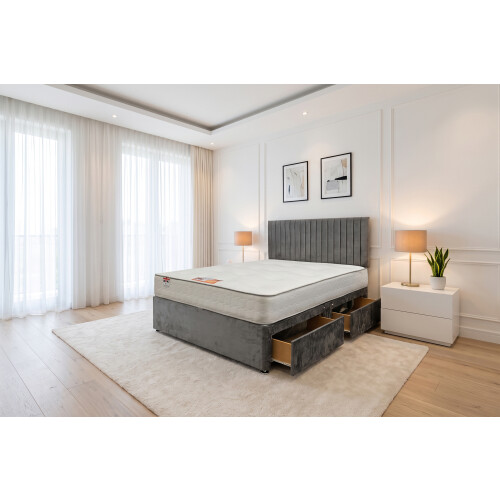 (Double, Grey) Emily Plush Bed Set With Mattress, 2 Drawers Same Side & 24"Headboard