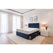 (Single, Navy) Emily Plush Bed Set With Mattress, 2 Drawers Same Side & 24"Headboard