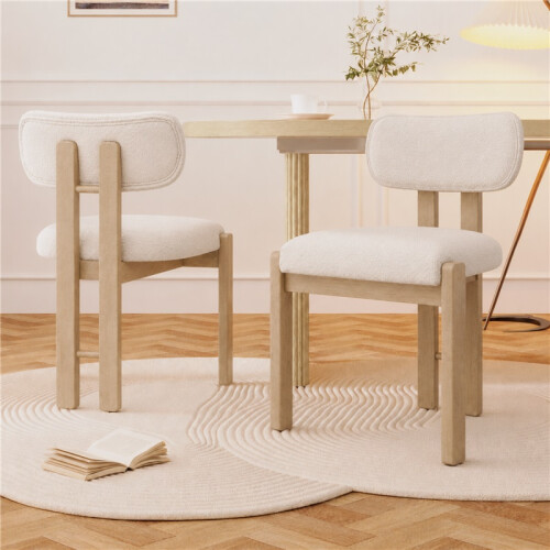 (Natural, Boucle) 2x Solid Wood Dining Chairs - Natural Boucle