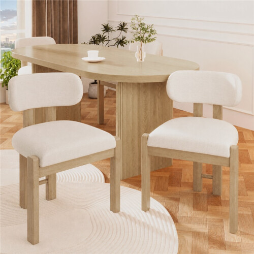 Set of 4 Solid Wood Dining Chairs - Natural Boucle
