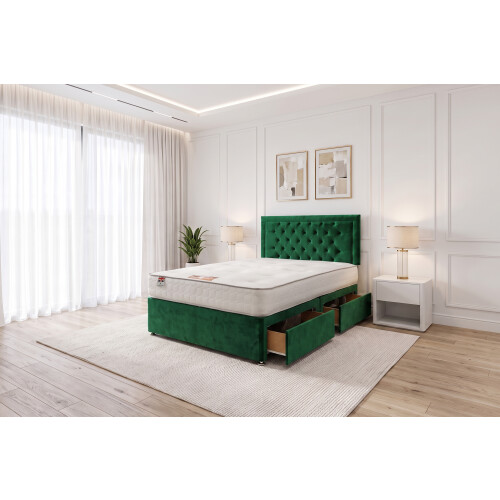 (Small Single, Emerald) Ellis Plush Bed Set With Mattress, 2 Drawers Same Side & 24"Headboard