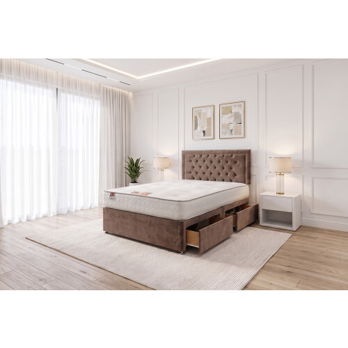 (Small Single, Mocca) Ellis Plush Bed Set With Mattress, 2 Drawers Same Side & 24"Headboard