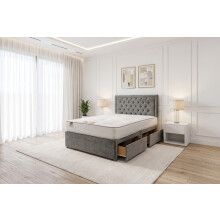 (Small Single, Grey) Ellis Plush Bed Set With Mattress, 2 Drawers Same Side & 24"Headboard