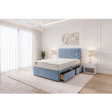 (Small Single, Sky Blue) Ellis Plush Bed Set With Mattress, 2 Drawers Same Side & 24"Headboard