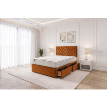 (Small Single, Orange) Ellis Plush Bed Set With Mattress, 2 Drawers Same Side & 24"Headboard