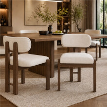(Walnut, Boucle) 4 Solid Wood Dining Chairs - Walnut Boucle
