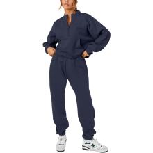 Ensemble de survêtement femme coton sweat demi-zip et pantalon jogging bleu marine XL - Tenue de sport polaire
