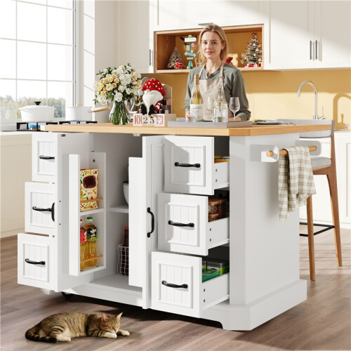 (White, MDF) Mobile Kitchen Island 45-75cm 2Doors 6Drawers