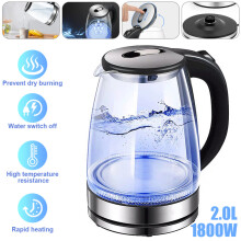 2L Electric Kettle Fast Glass Kettle Boil Quiet 360 Blue LED Boil-Dry Protection