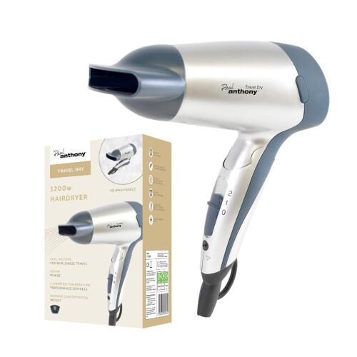 Compact Travel Hair Dryer Small 1200W Dual Voltage with Folding Handle - Silver