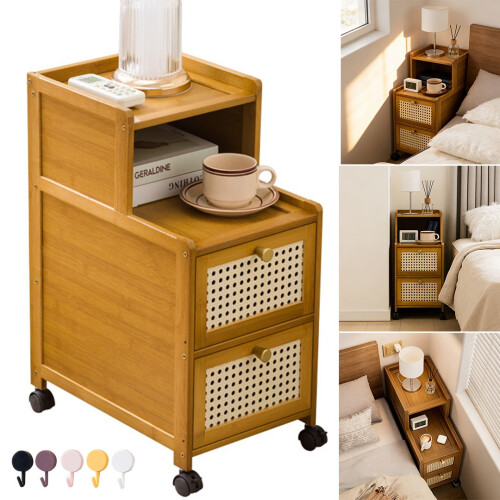 Rattan Bedside Table 2 Drawer Nightstand Storage Cabinet Bedroom Side Table