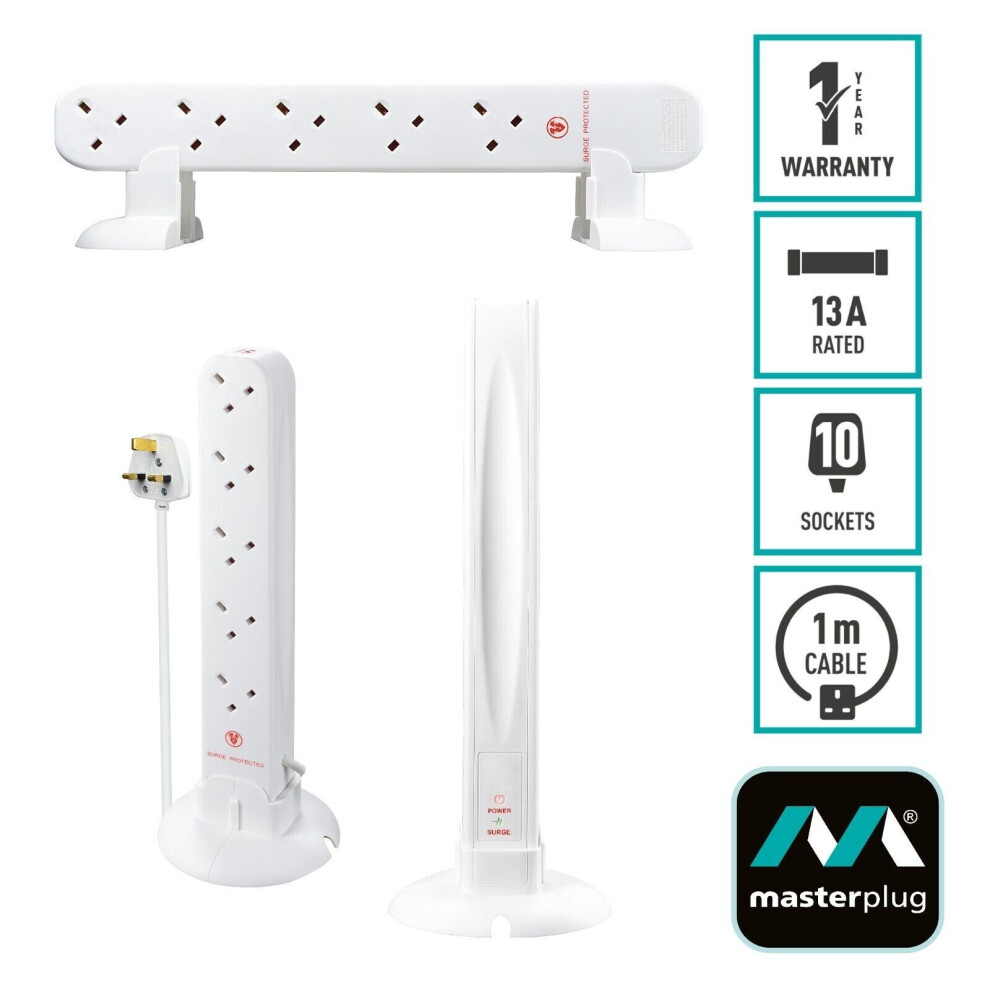 Photos - Other Electrical Equipment Masterplug Tower Extension Lead Surge Protector 10 Way Sockets Block 1m Cable