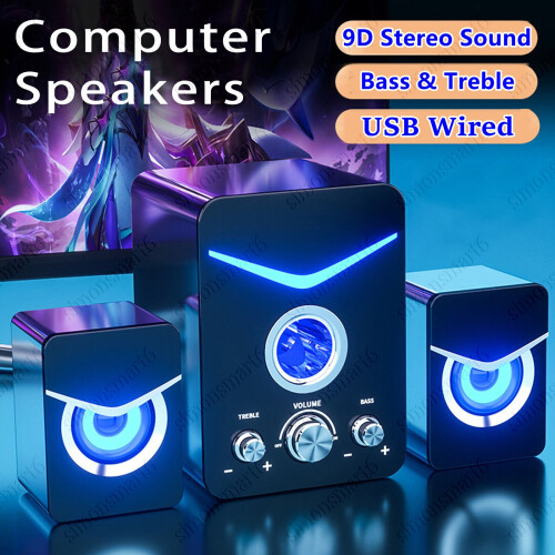 Desktop Computer PC Speakers 9D Surround Sound System LED Gaming Bass USB Wired