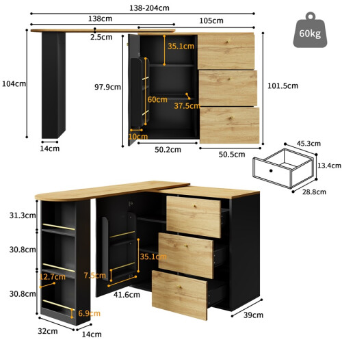 (Black) Extendable Bar Table 138-204x39x104cm Rotating 2