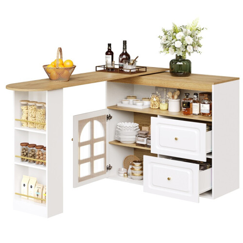 (White, MDF) White Rotating Sideboard – 2 Drawers, Open Storage 1