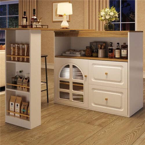 (White, MDF) White Rotating Sideboard – 2 Drawers, Open Storage 2