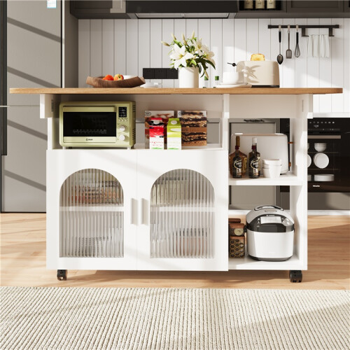 (White, MDF) White Kitchen Island with Wood Grain 2