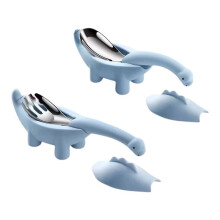 Ensemble de Vaisselle en Acier Inoxydable en Forme de Dinosaure pour Bébé, Cuillère, Fourchette, Dessin Animé, Bleu