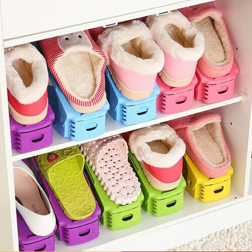 (Yellow)Space Saving Plastic Shoe Stand Dual Levels Adjustable Features Bedroom Use 1