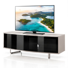 Homeology Caru Gloss Black Greige Beam-Thru Remote Friendly Super-Contemporary "D" Shape Design 32"-65" LED/OLED/LCD TV Cabinet