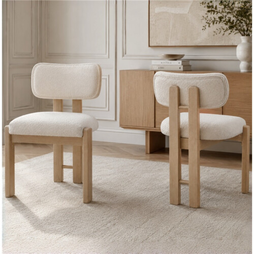 (Natural, Boucle) 2x Solid Wood Dining Chairs - Natural Boucle 2