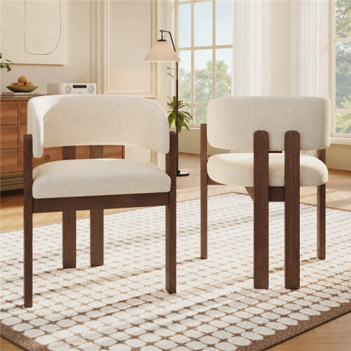 (Walnut, Boucle) 2x Solid Walnut Dining Chairs - Boucle