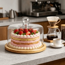 Kuchenständer mit Kuppeldeckel, drehbarer Kuchenständer aus Holz mit Acrylabdeckung, Dessert-Serviertablett für Kuchen,