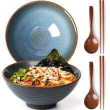 (Retro Cyan) 2 japanische Retro-Ramenschalen aus Keramik – 20,3 cm – mit 2 Löffeln und 2 Paar Essstäbchen – sehr kreative Suppenschüsseln.