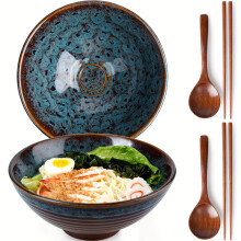 (Blue Brown) 2 japanische Retro-Ramenschalen aus Keramik – 20,3 cm – mit 2 Löffeln und 2 Paar Essstäbchen – sehr kreative Suppenschüsseln.