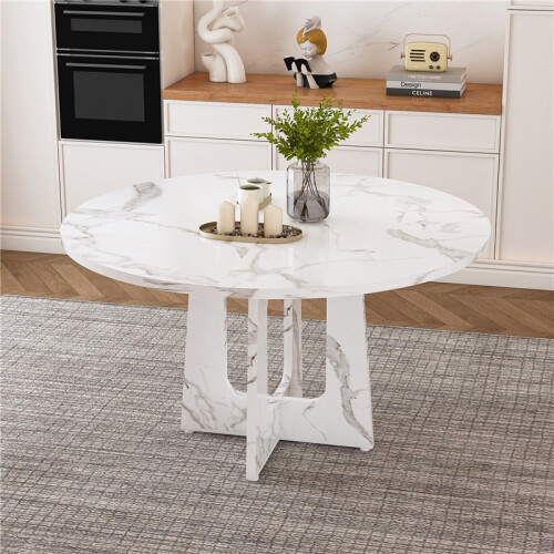 (White, MDF) 47.24" Round Farmhouse Dining Table, White Marble Finish