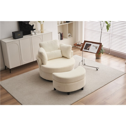 (Ivory, Chenille) Ivory Chenille Swivel Armchair + Crescent Stool