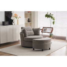 (Grey, Chenille) Chenille swivel armchair with 3 back cushion pillow ottoman crescent stool