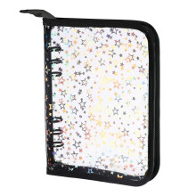 A5-Budget-Ordnerhülle mit Reißverschluss, Glitzersterne, 6-Ring-Planer, transparente, nachfüllbare PVC-Notizbuchhülle, schwarz